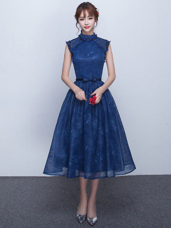 Dark Blue Tea Length Lace Formal Dress ...
